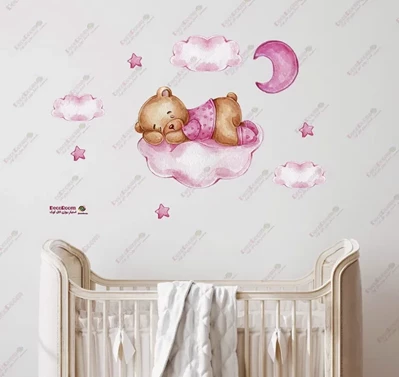 برچسب دیواری دخترانه آبرنگی خرس تدی صورتی