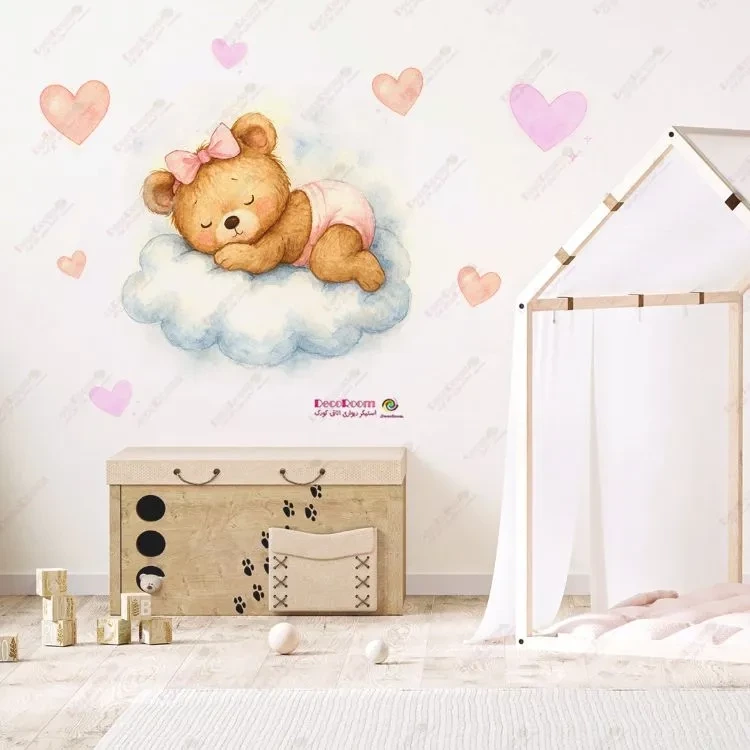 استیکر دیواری آبرنگی خرس کوچولو خوابیده بر ابر(دخترانه)